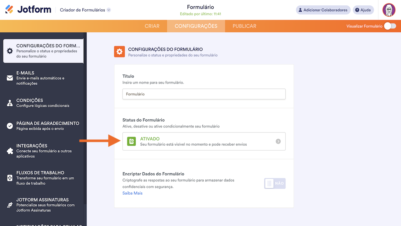 Criador de Formulários - Status do Formulário