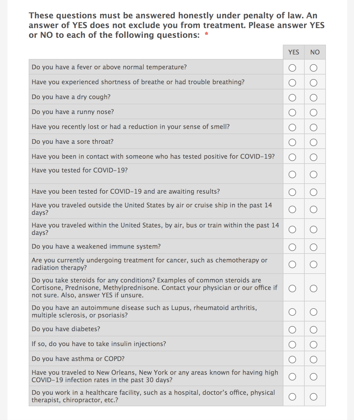 Dental Office COVID-19 Prescreening Form
