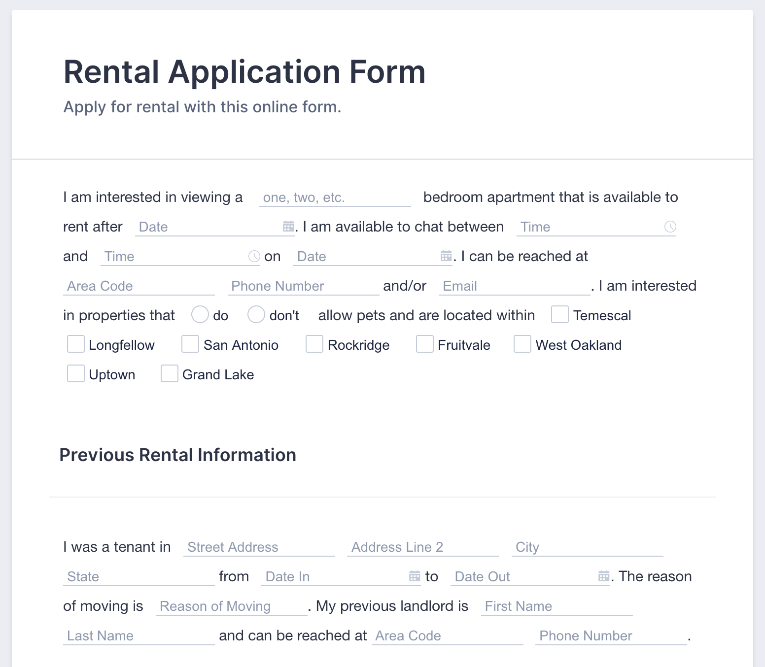 Rental Application Form Preview