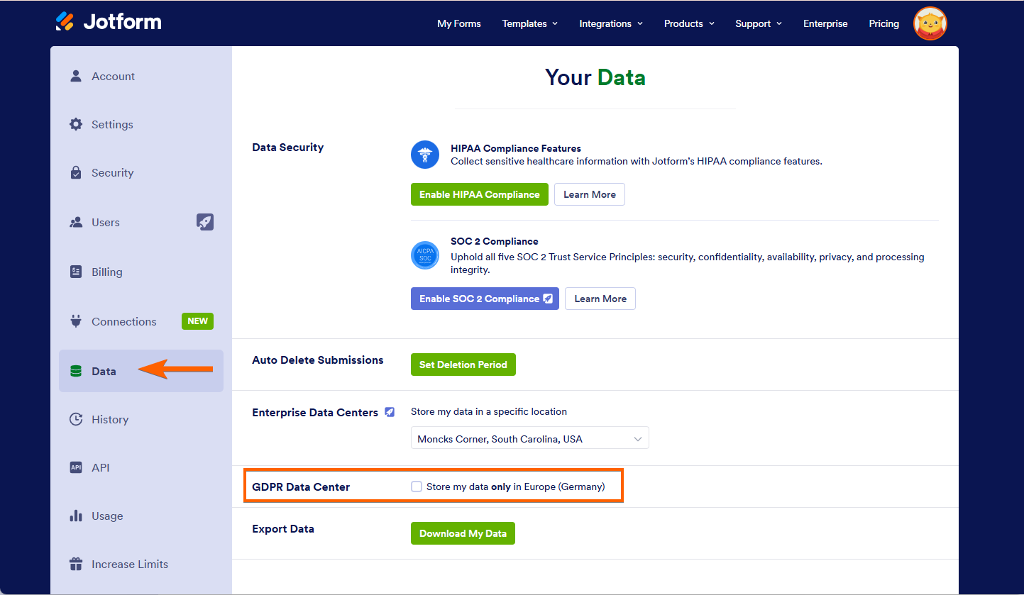 GDPR Data Center Option in Data Page Jotform