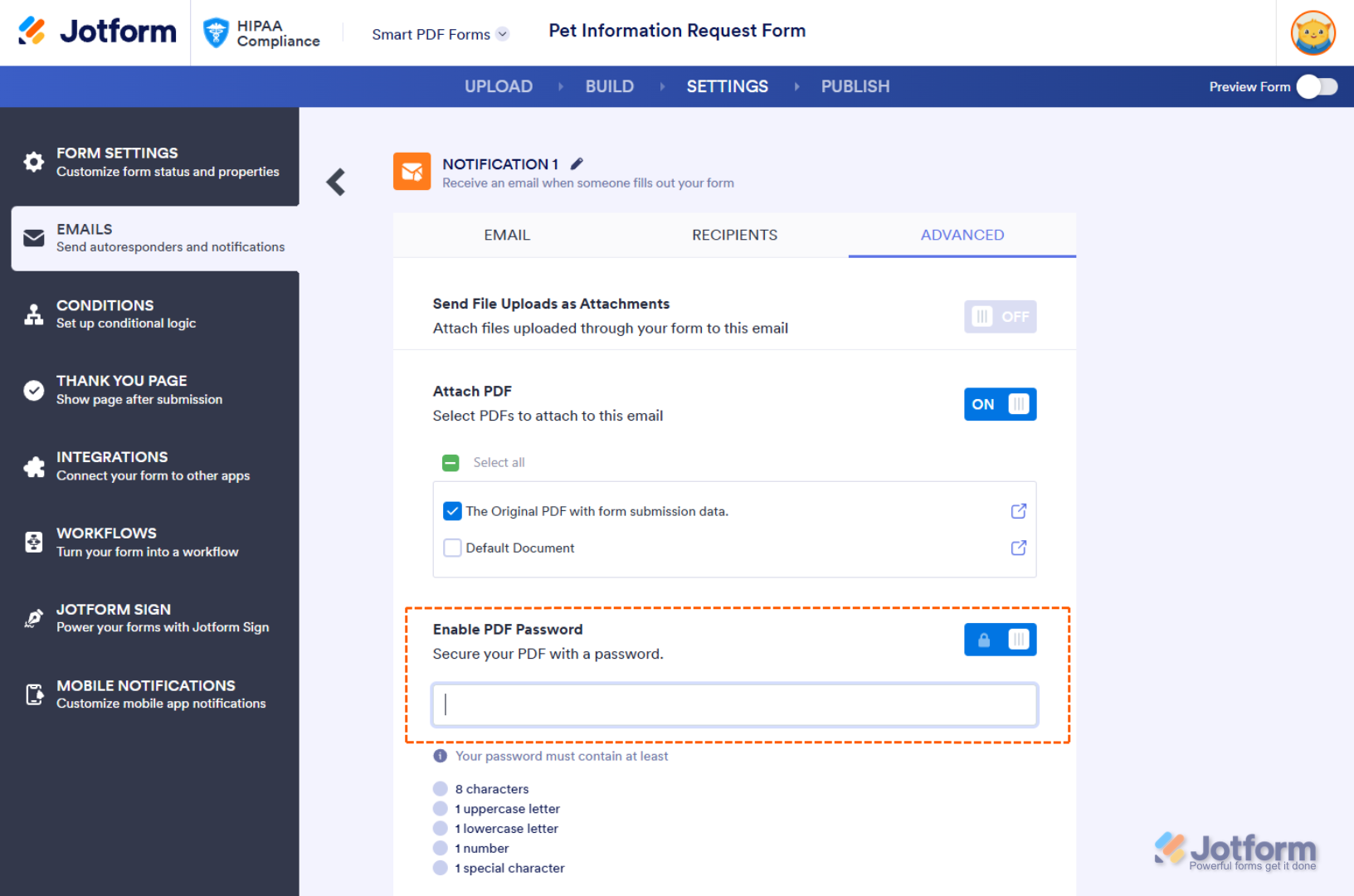 Enable PDF Password setting of the Notification Email settings in Jotform HIPAA Smart PDF Forms