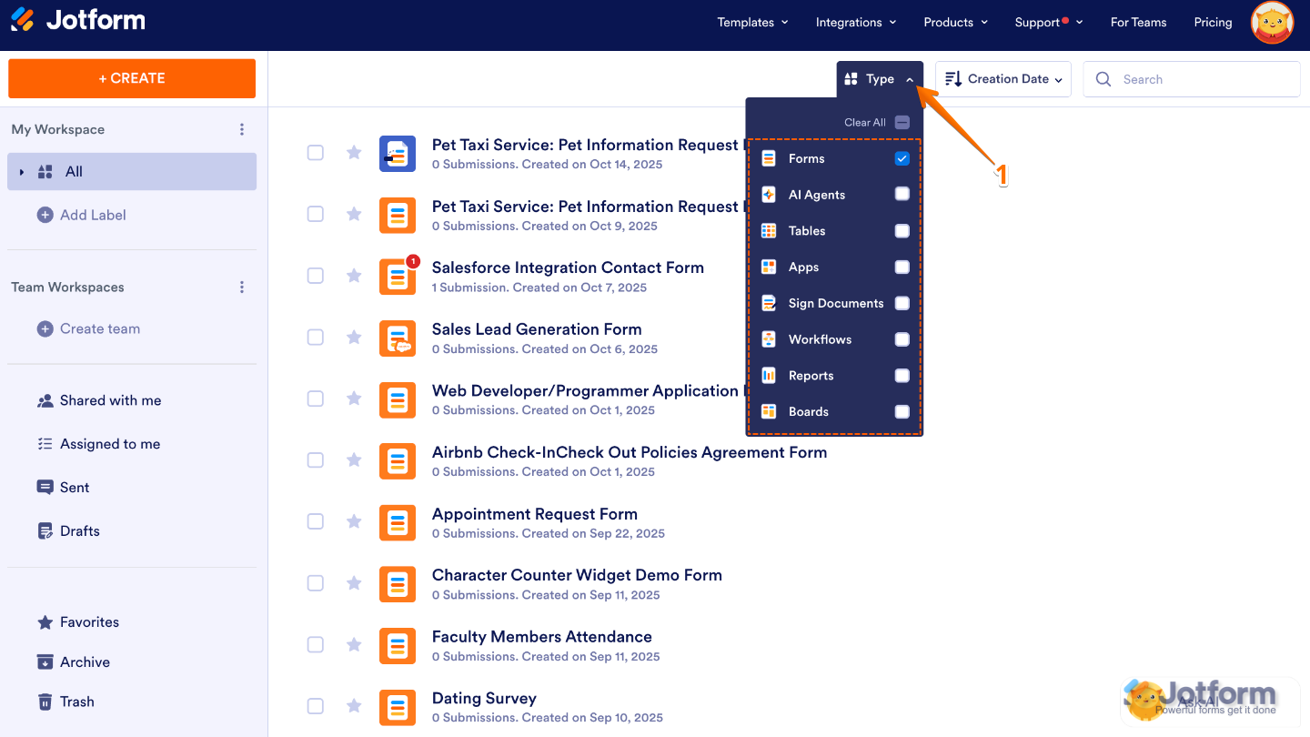 Jotform Workspace page showing the Type dropdown menu with only Forms selected to filter assets