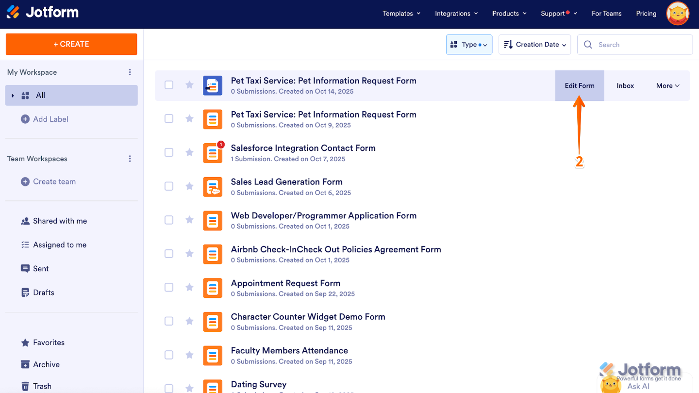 Hovering over a Smart PDF Form in Jotform Workspace and clicking Edit Form on the right side of the page