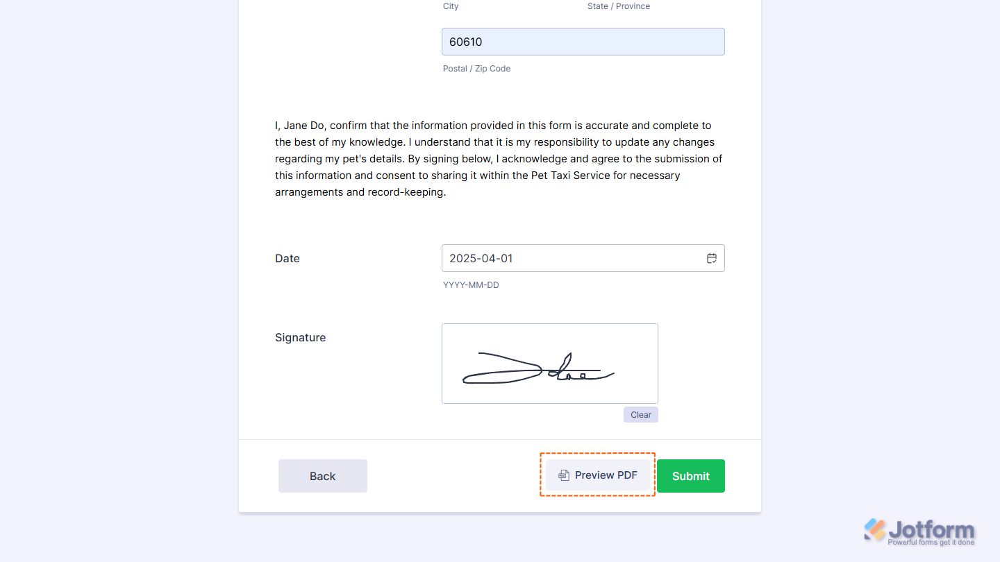 Preview PDF button of the Jotform Smart PDF form