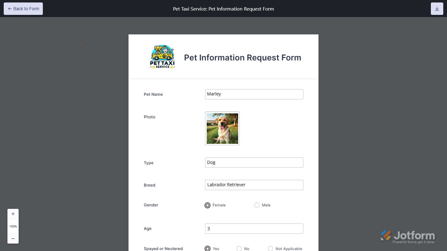 Preview PDF window of the Jotform Smart PDF Form