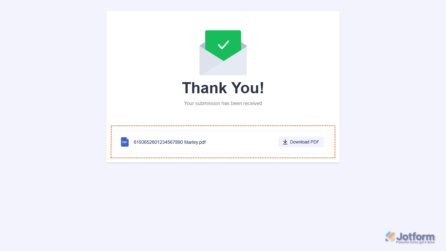Download PDF button on the Thank You Page of the Jotform Smart PDF form