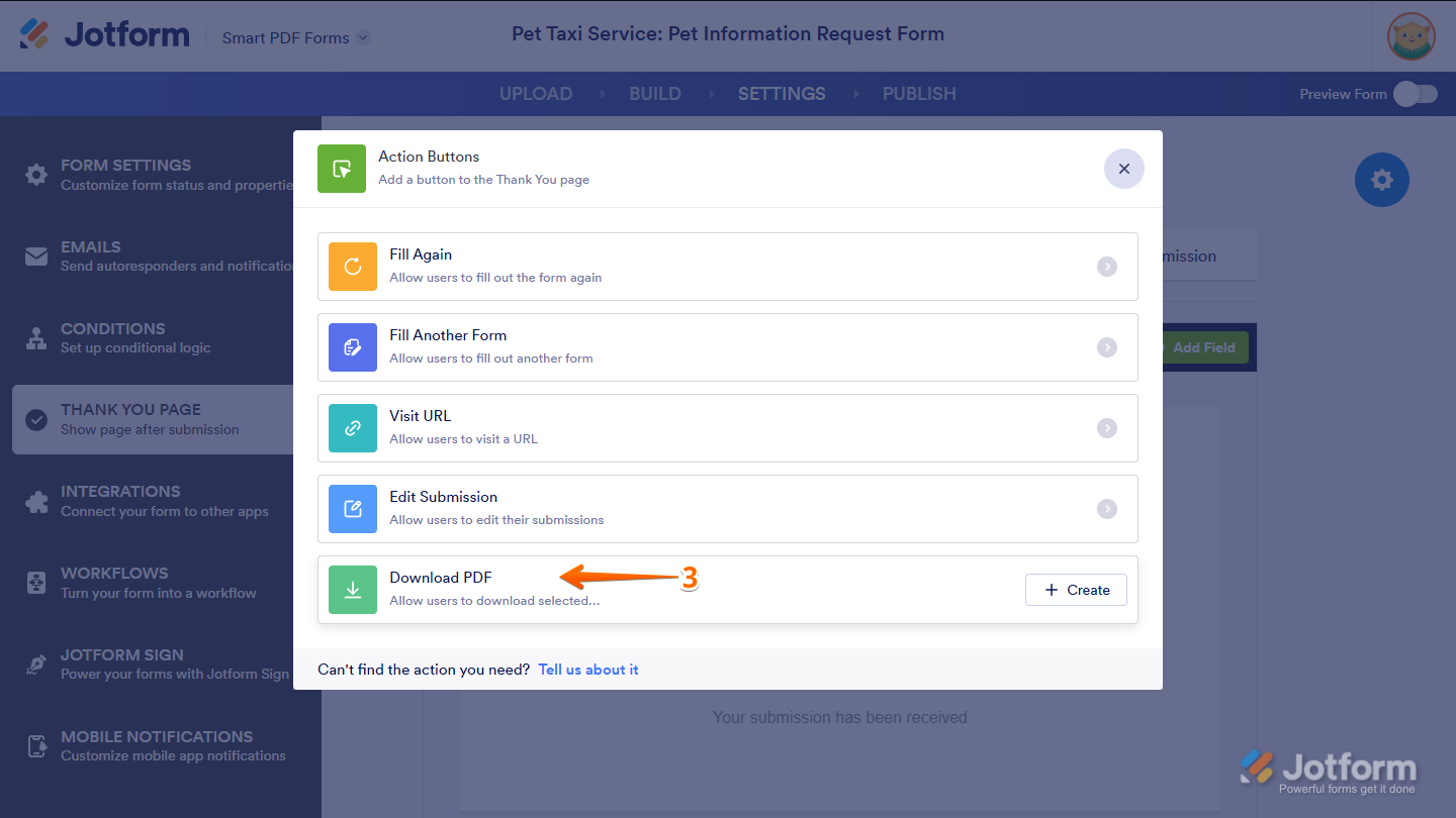 Download PDF option in the Action Buttons window of the Jotform Smart PDF Forms page
