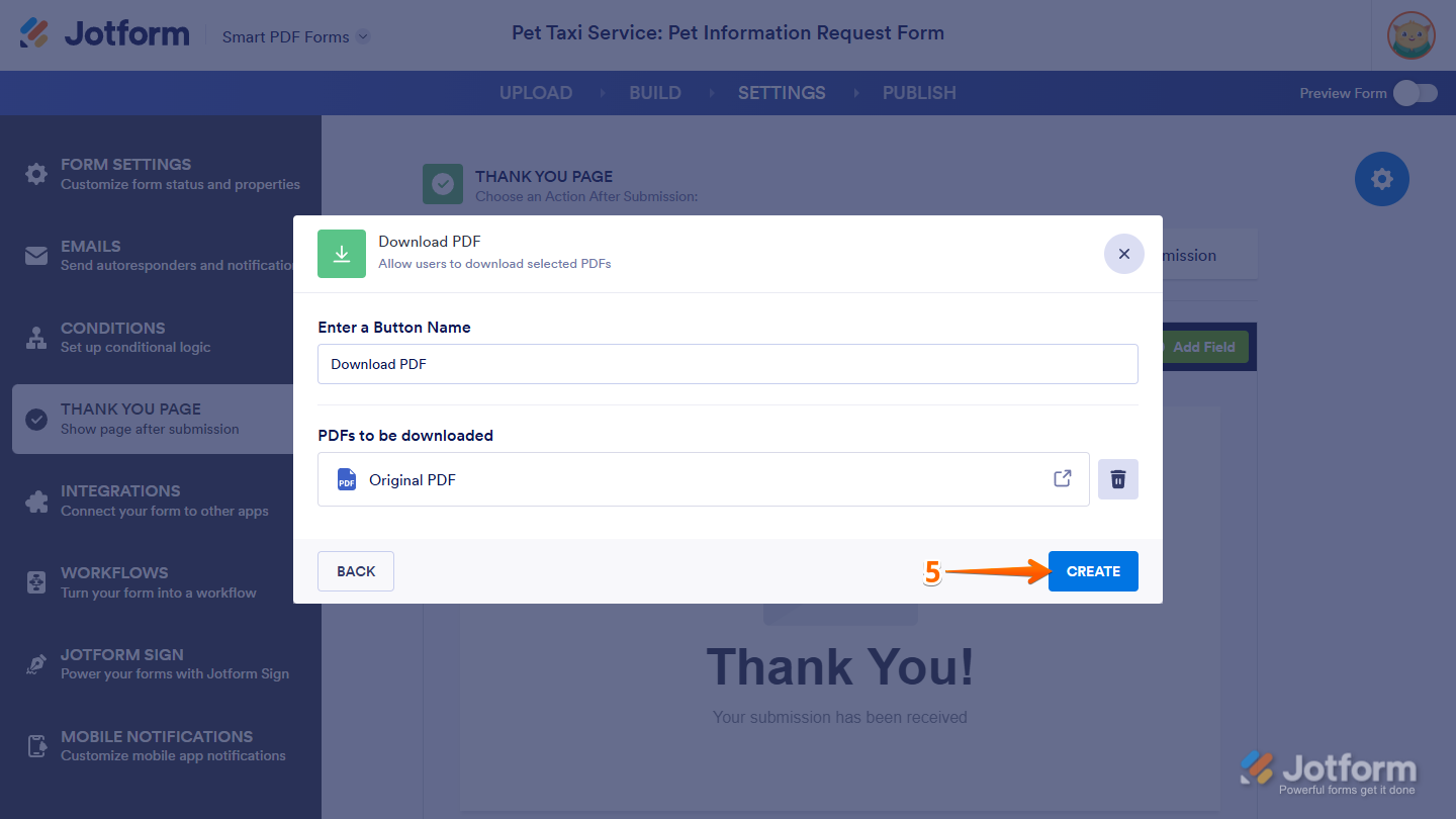 Create button in the Download PDF window of the Jotform Smart PDF Forms page