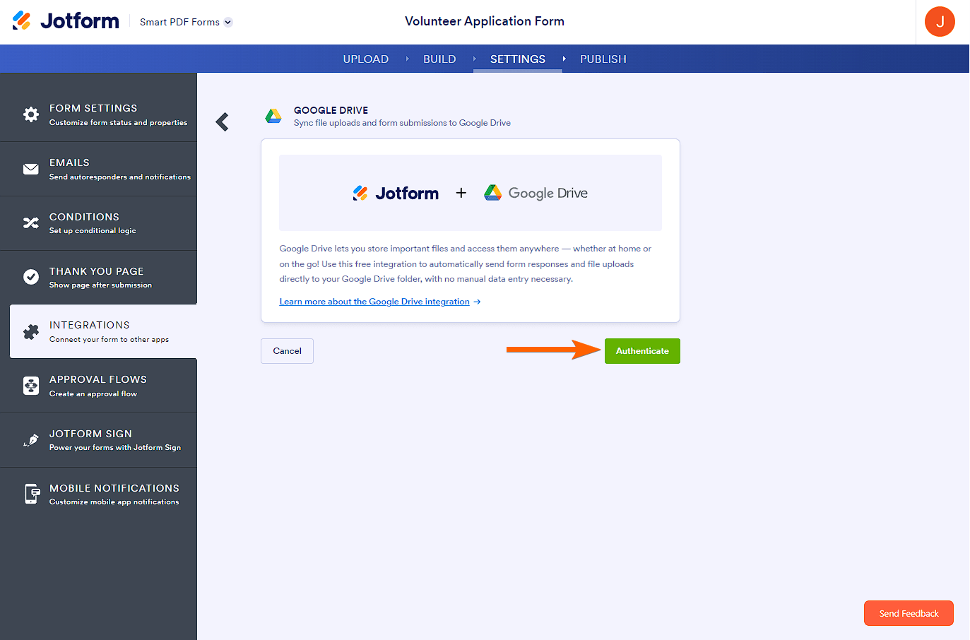 Authenticate button in Jotform's Google Drive integration 