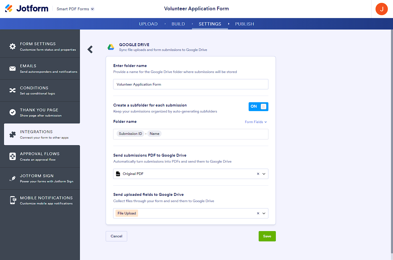 Folder, PDF, and File Upload settings in Jotform's Google Drive integration