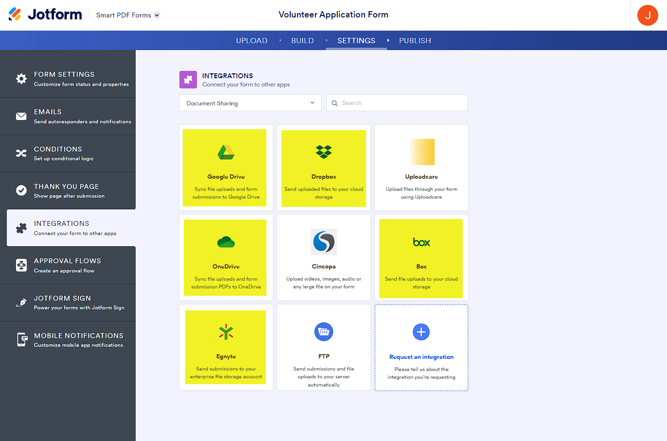 Document Sharing integrations in Jotform Form Builder