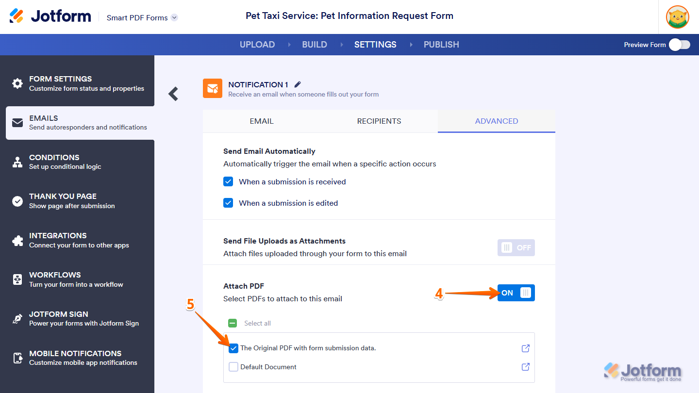 Original PDF option of the Attach PDF setting in the Notification Email settings in Jotform Smart PDF Forms