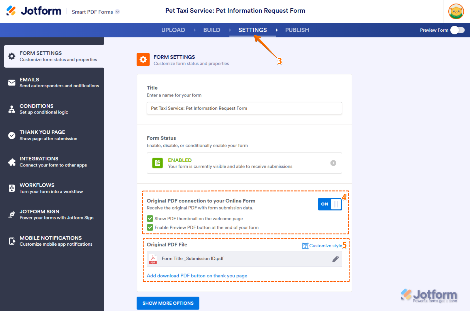 Original PDF Connection to Your Online Form section of the Settings tab in the Jotform Smart PDF Forms page