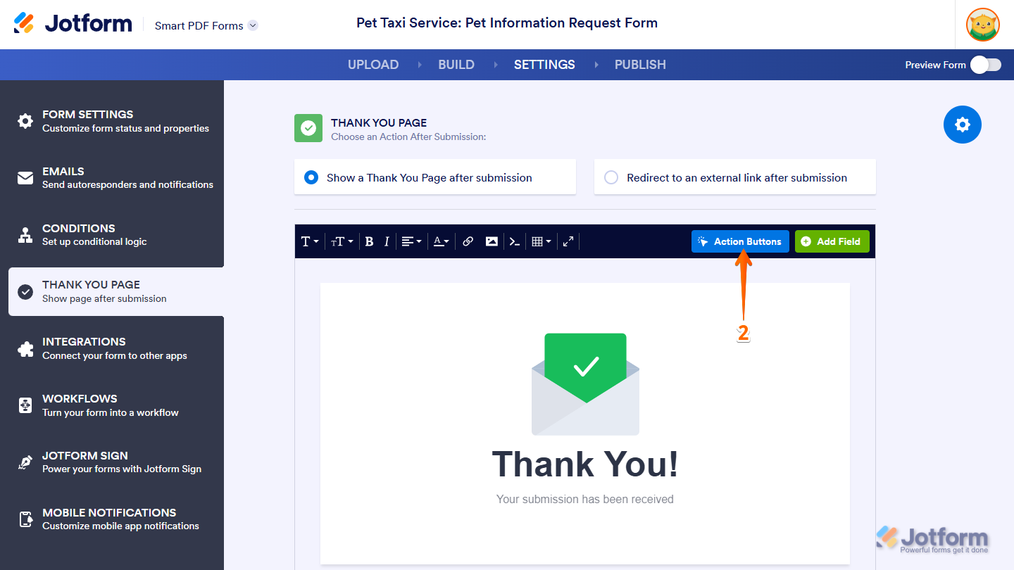 Action Buttons button on the Thank You Page settings of the Jotform Smart PDF Forms page