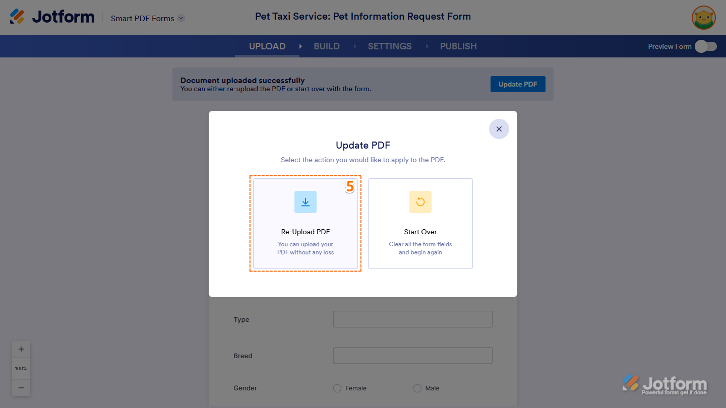 Opción de Re-subir PDF en la ventana Subir PDF de la página de Formularios PDF Inteligentes de Jotform