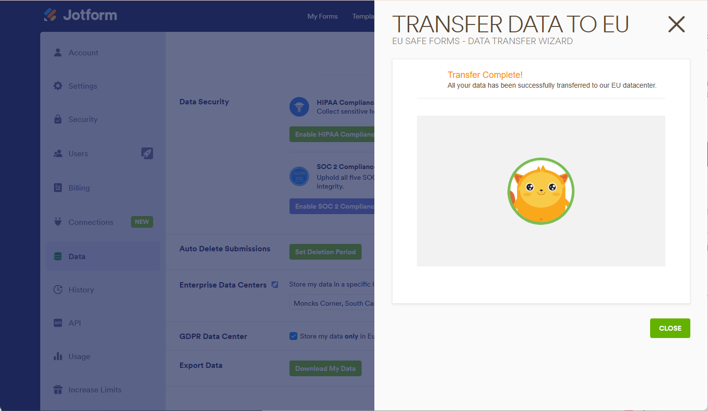 Transfer Data to EU Complete Jotform