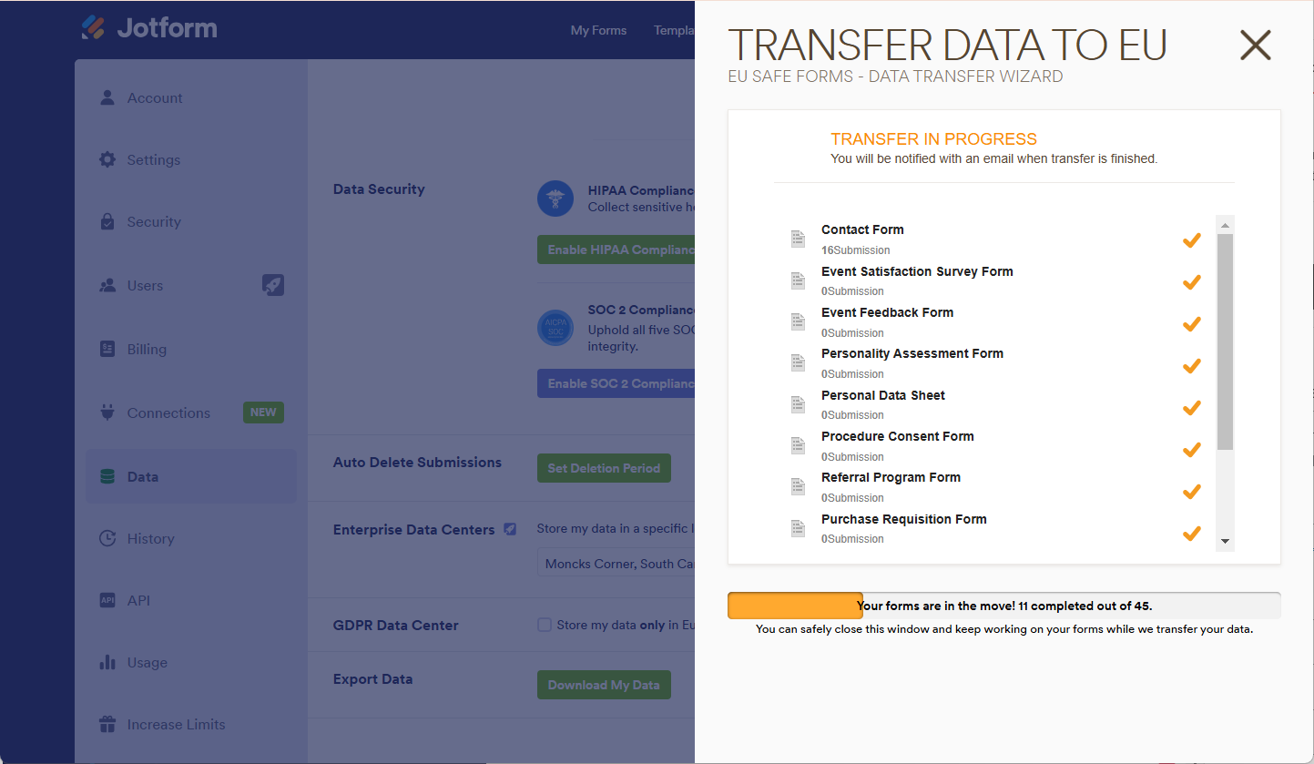 Transfer Data to EU Progress in Jotform