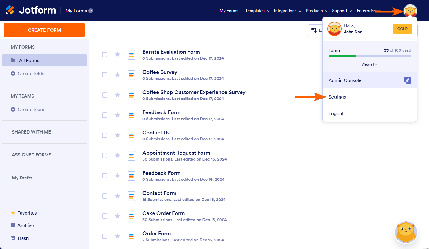 Account Settings Option in Jotform My Forms page