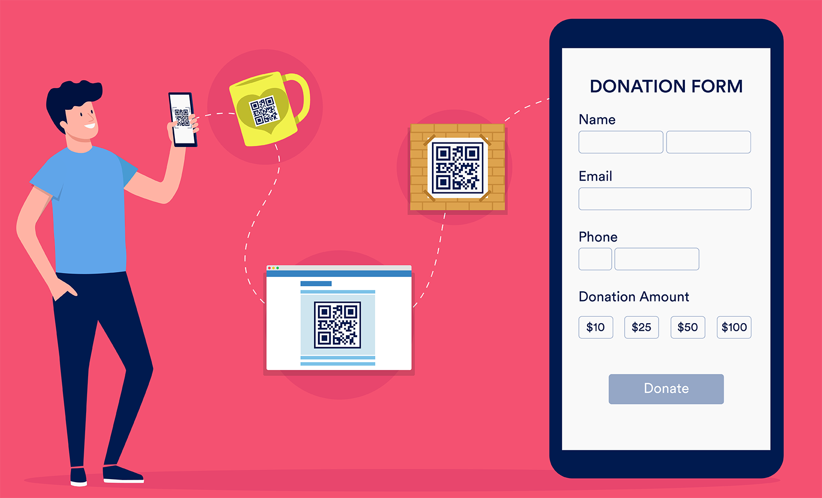 man using his phone to check qr codes and opens a donation form