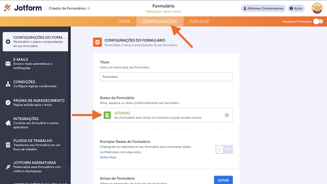 Criador de Formulários - Status do Formulário 