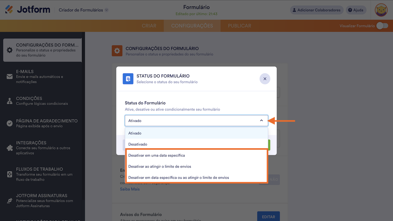 Criador de Formulários - Desativação de Formulários