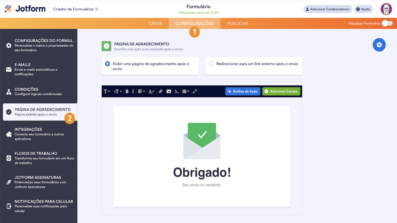 Criador de Formulários - Página de Agradecimento