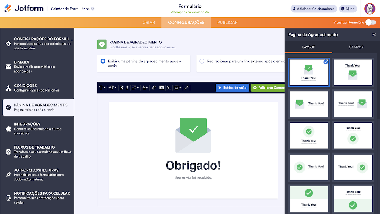 Criador de Formulários - Configurações da Página de Agradecimento