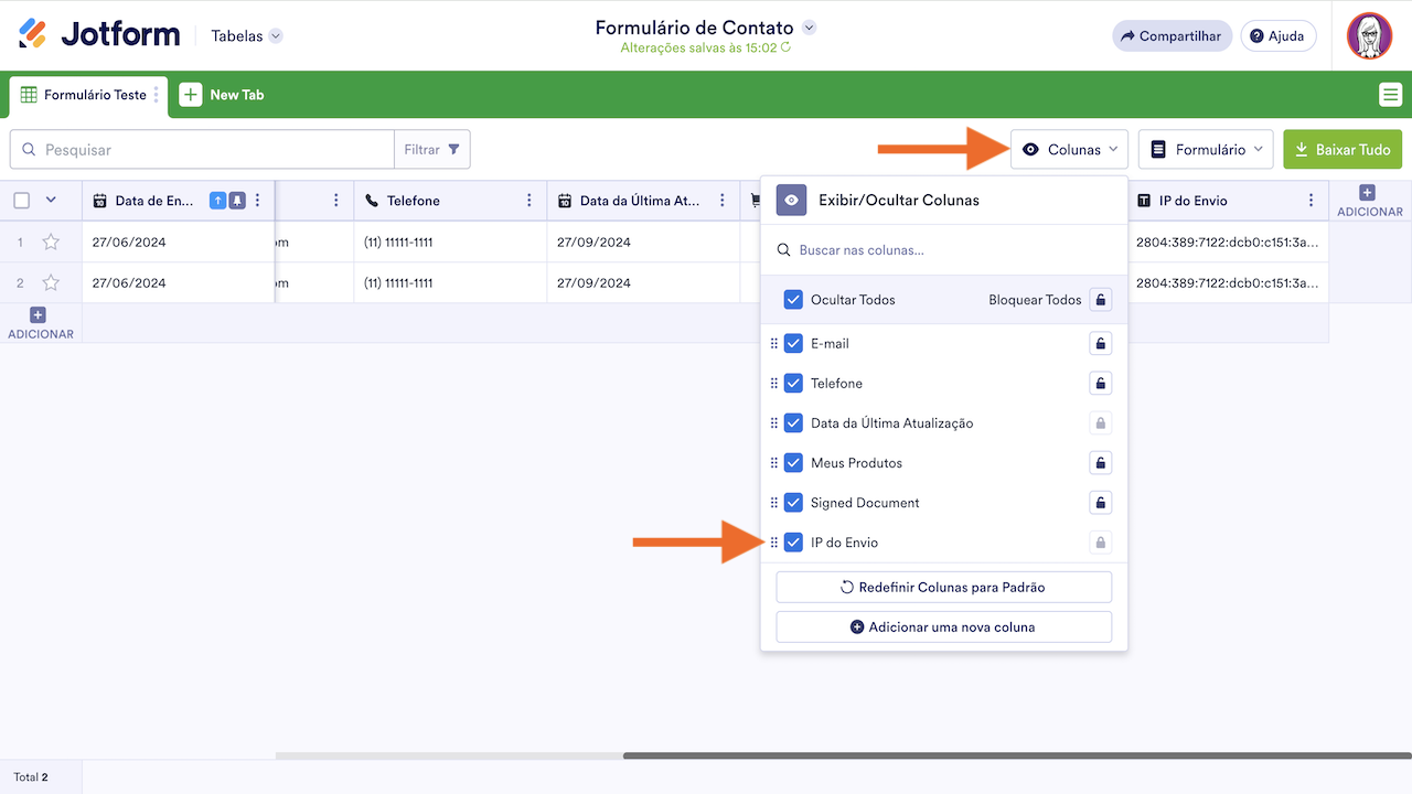 Exibindo Coluna de IP do Envio no Jotform Tabelas