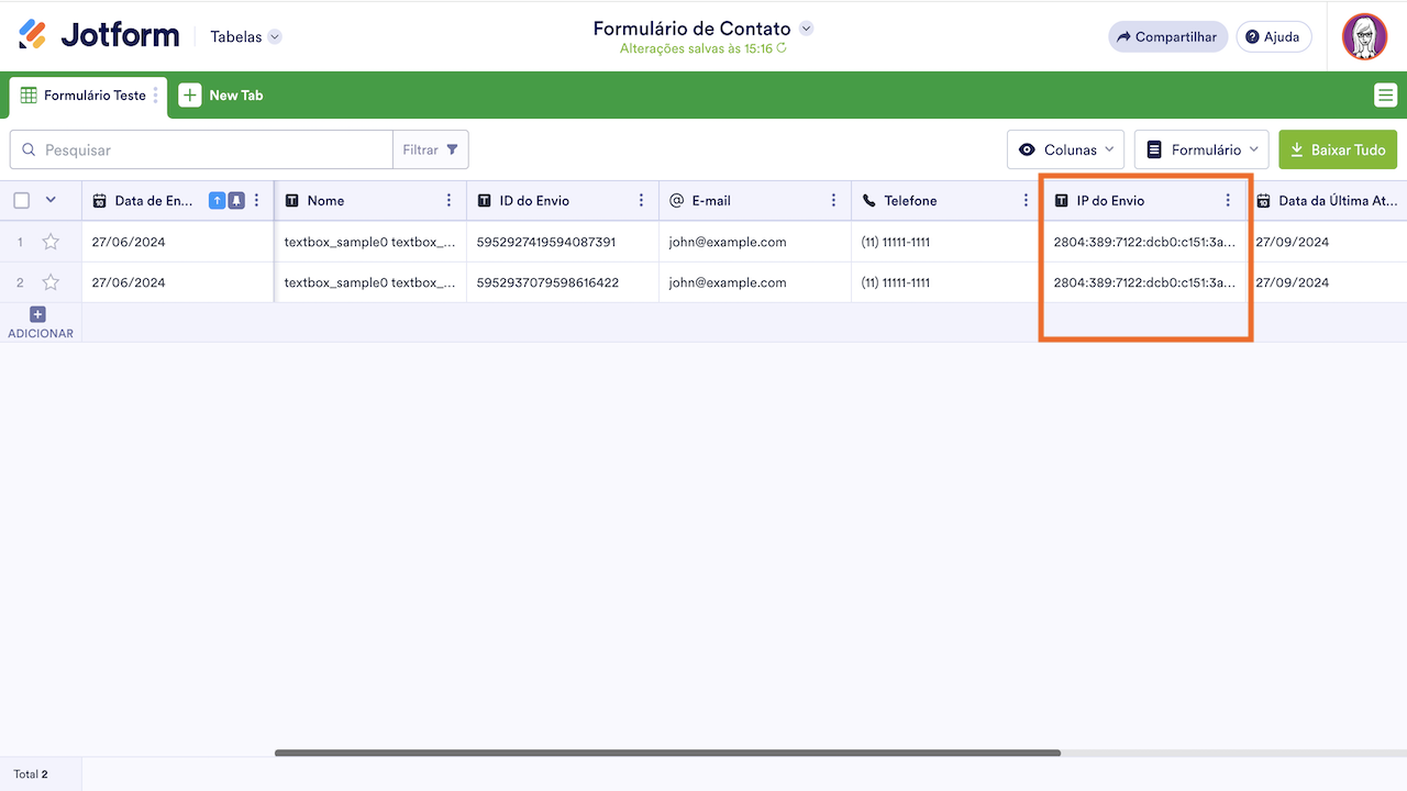 IP do Envio no Jotform Tabelas