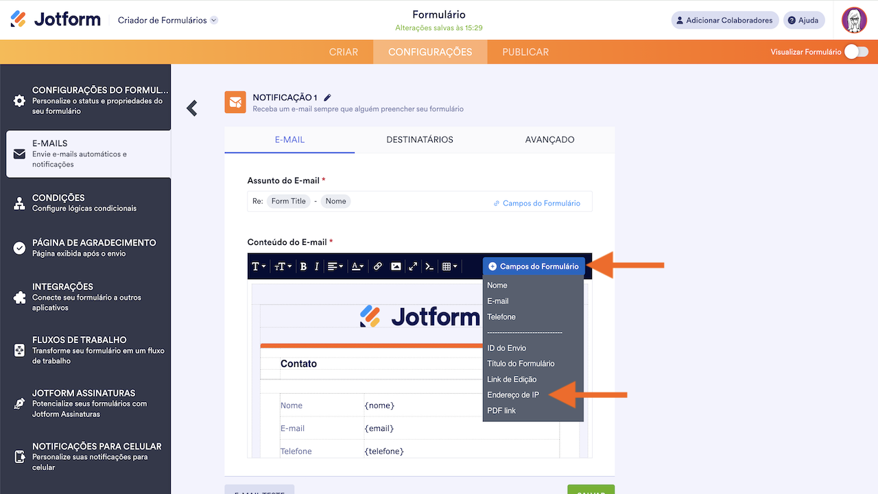 Adicionando IP do Envio à Notificação por E-mail