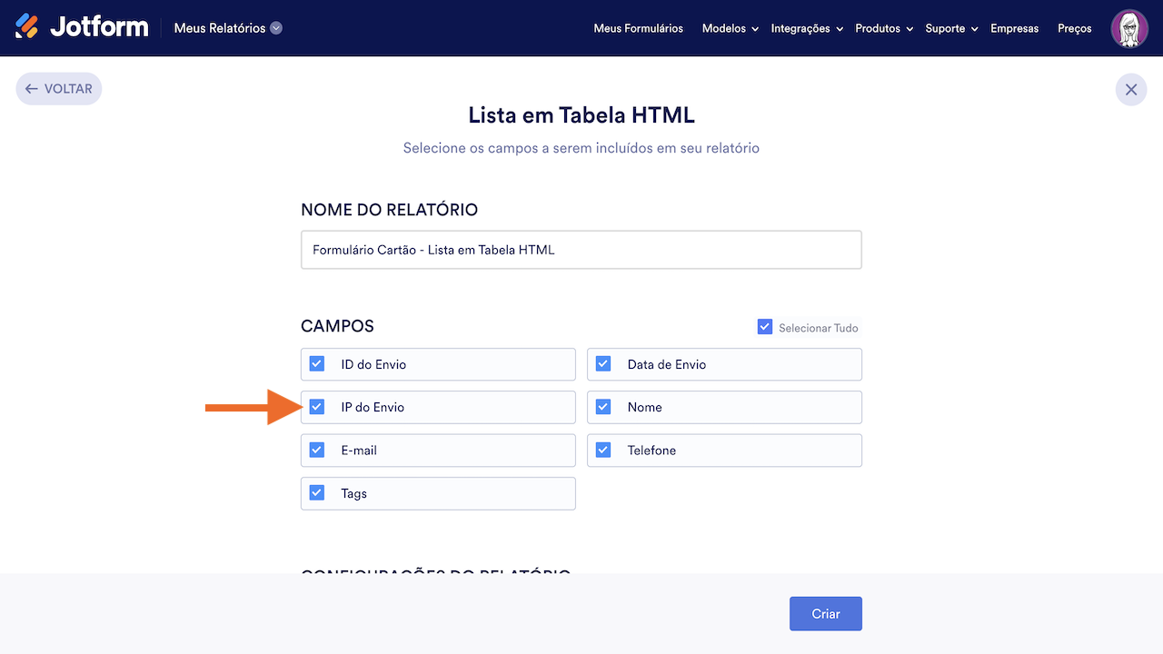 Adicionando Endereço de IP aos Relatórios Jotform