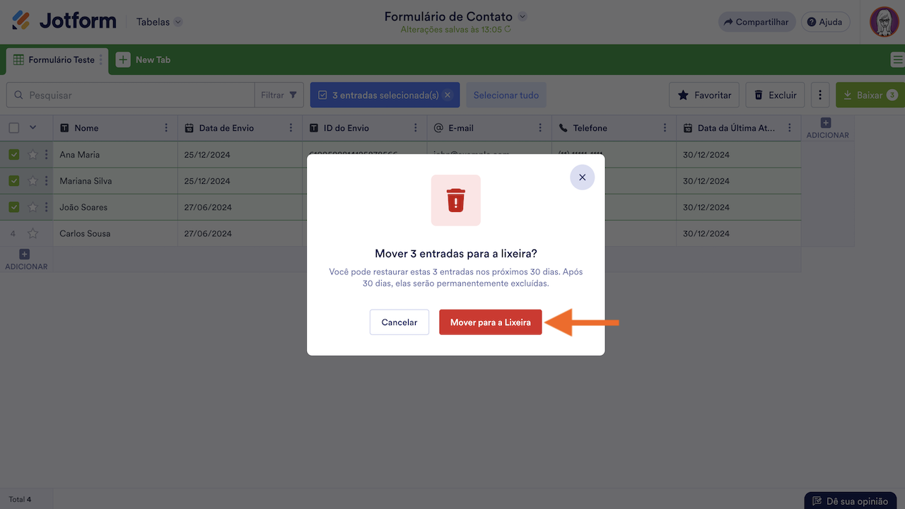 Excluindo vários envios no Jotform Tabelas - Caixa de Diálogo