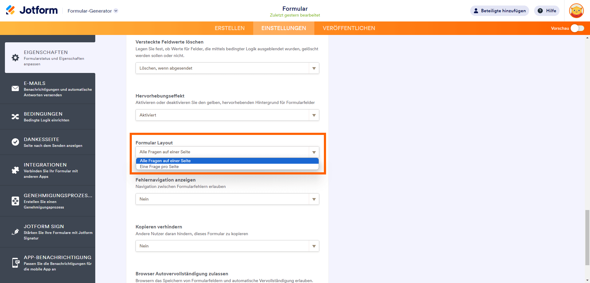 Die Option Formular-Layout in den Einstellungen des Formular-Generators