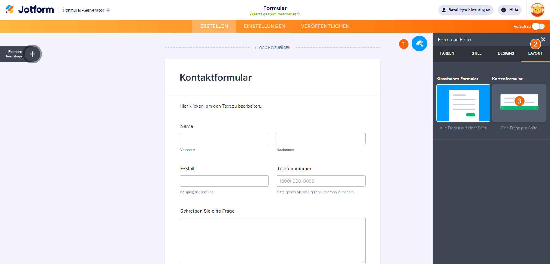 Formular wechseln – Kartenlayout