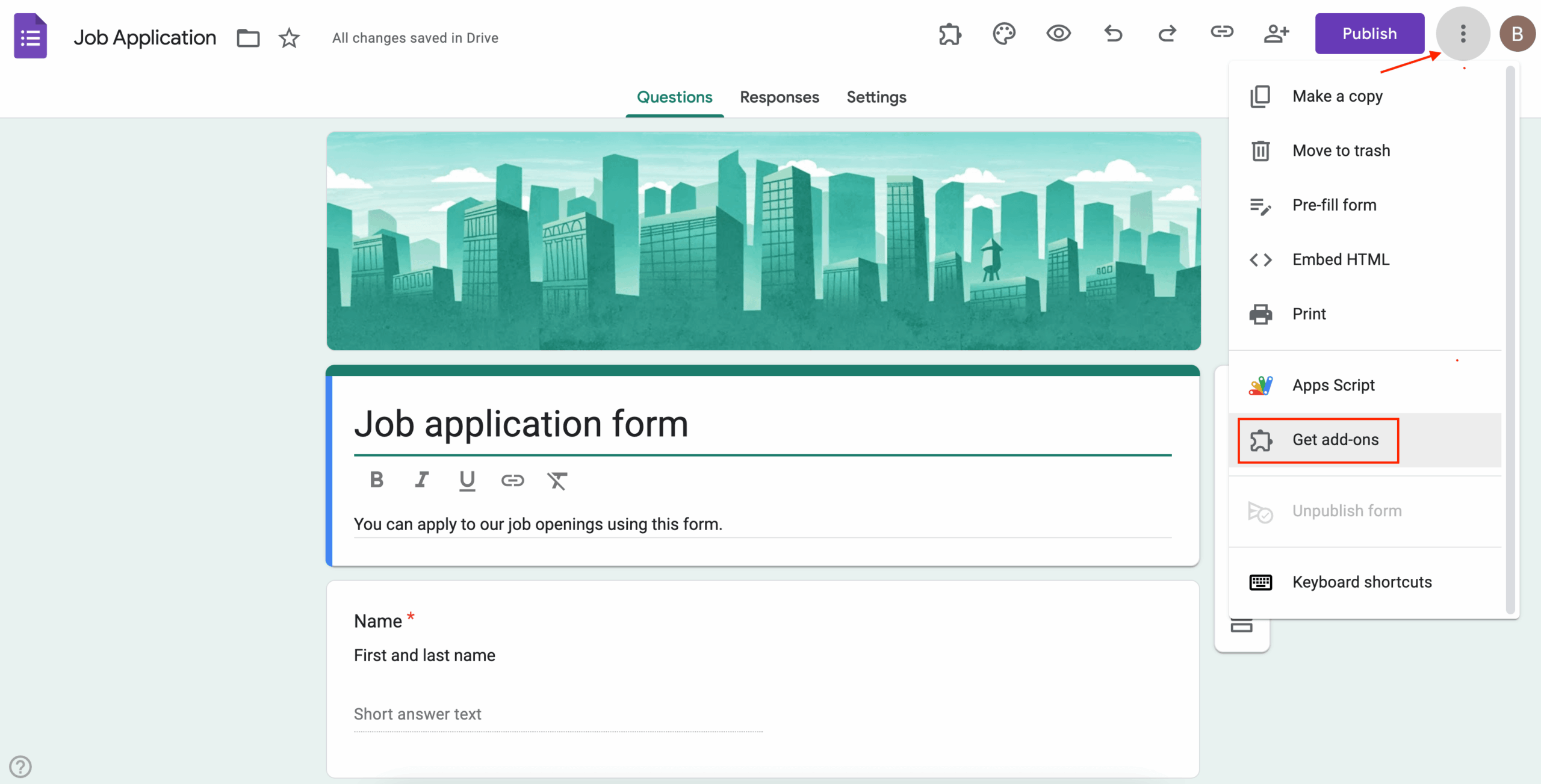 Selecting the Get add-ons option from the dropdown on Google Forms
