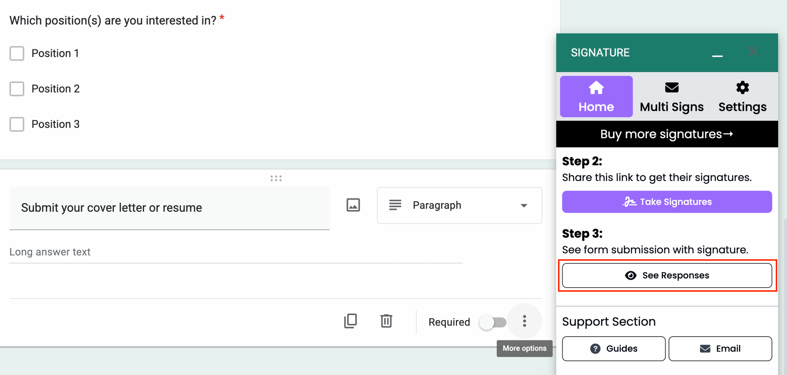 Clicking on the See Responses button on the Signature add-on