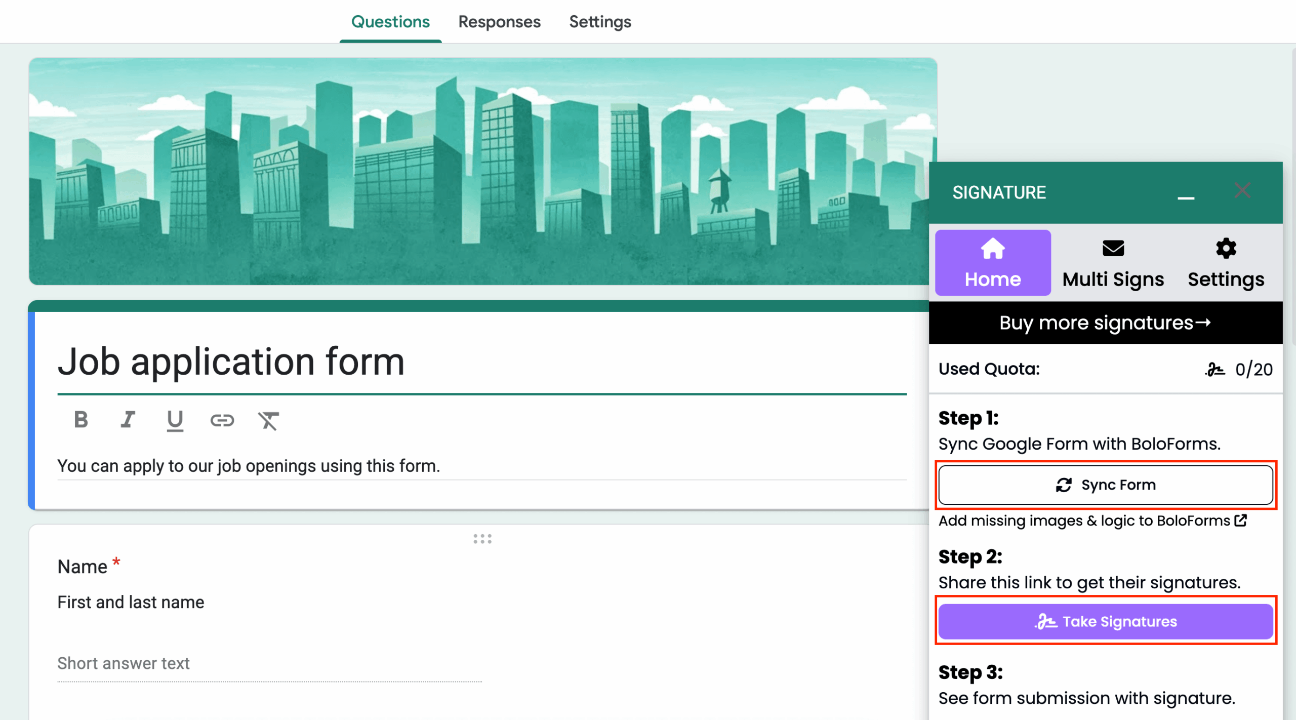 Clicking on the Sync Form and Take Signatures buttons on the Signature add-on