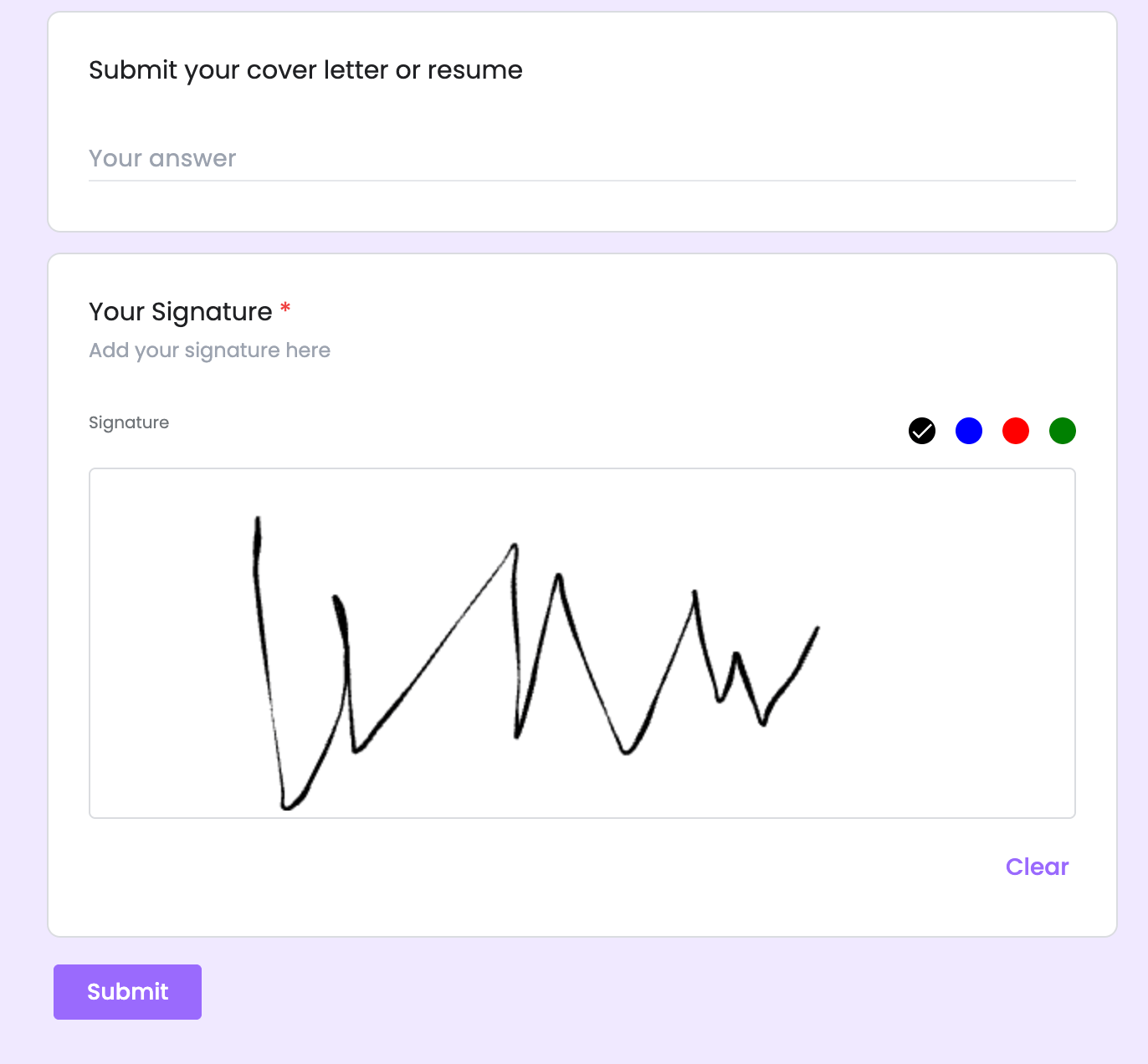 Preview of Google Form with the signature field