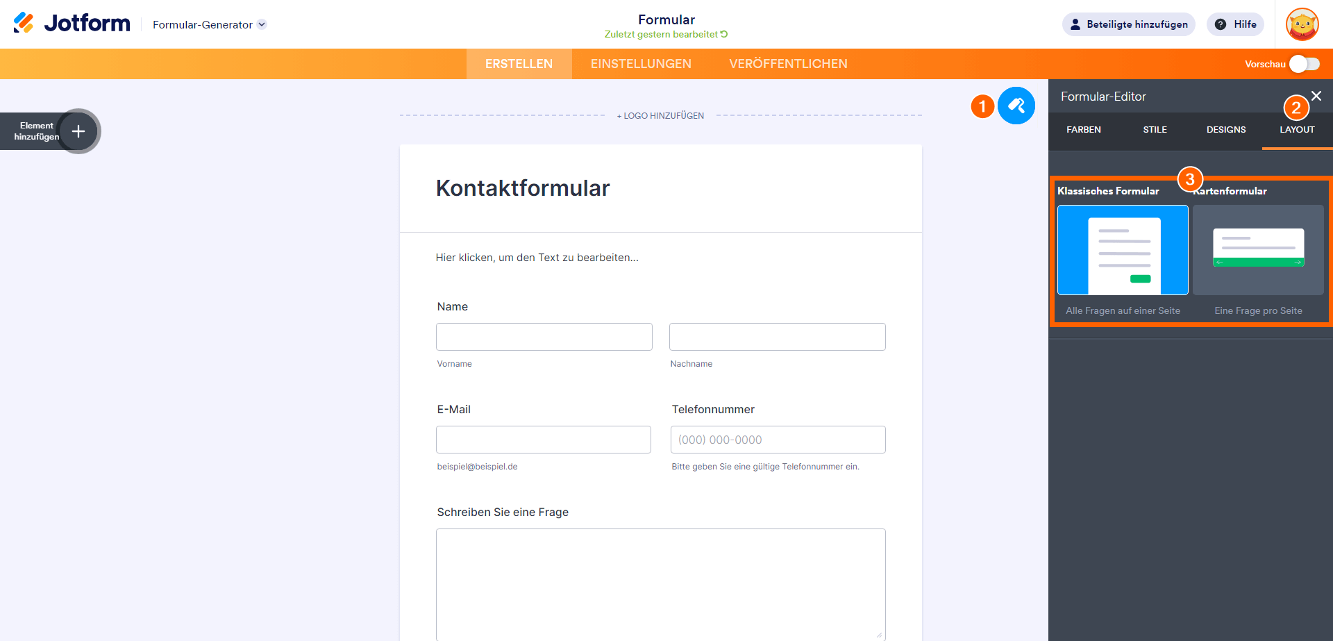 Schritte zum Ändern des Formular-Layouts im Formular-Generator