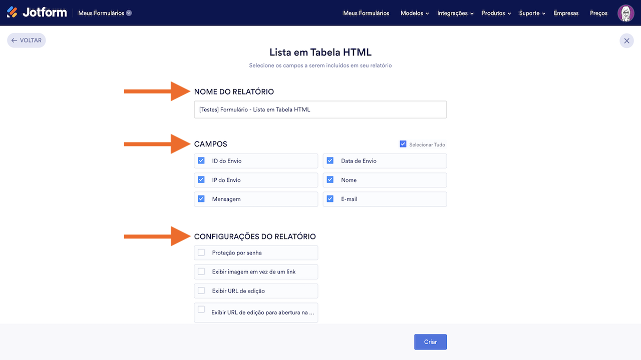 Lista em Tabela HTML - Configurações