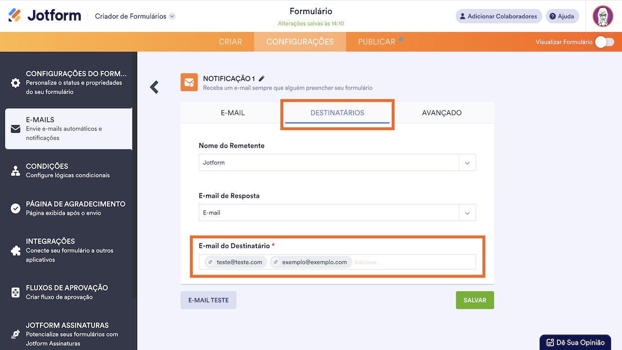 Notificação - Alterar E-mail do Destinatário