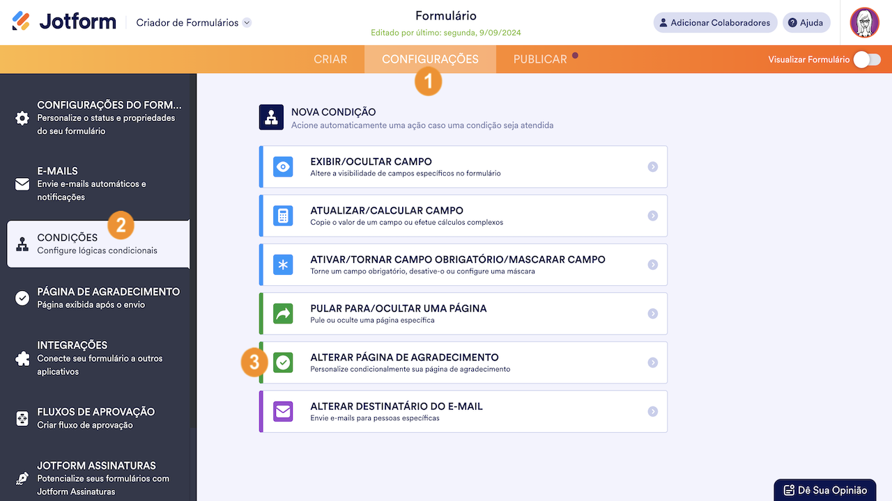 Criador de Formulários - Alterar Página de Agradecimento