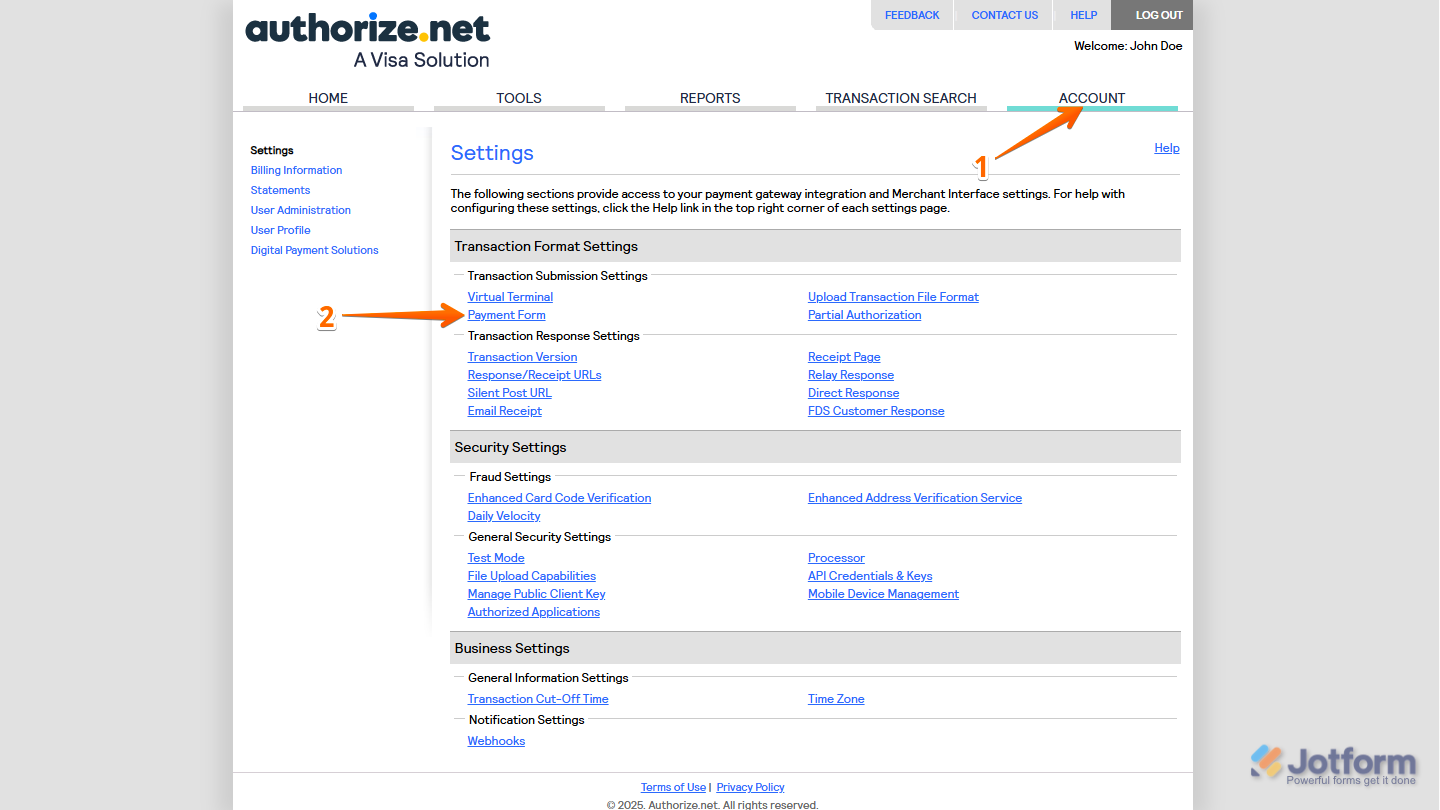 Payment Form link in the Account tab of the Authorize
