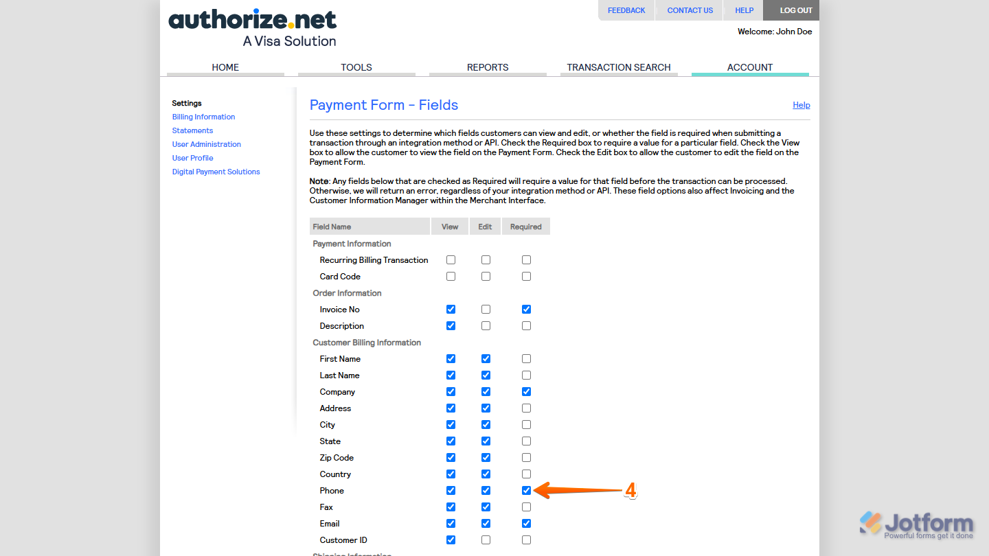 Checkbox under the Required column in the Payment Form - Fields section table of the Authorize