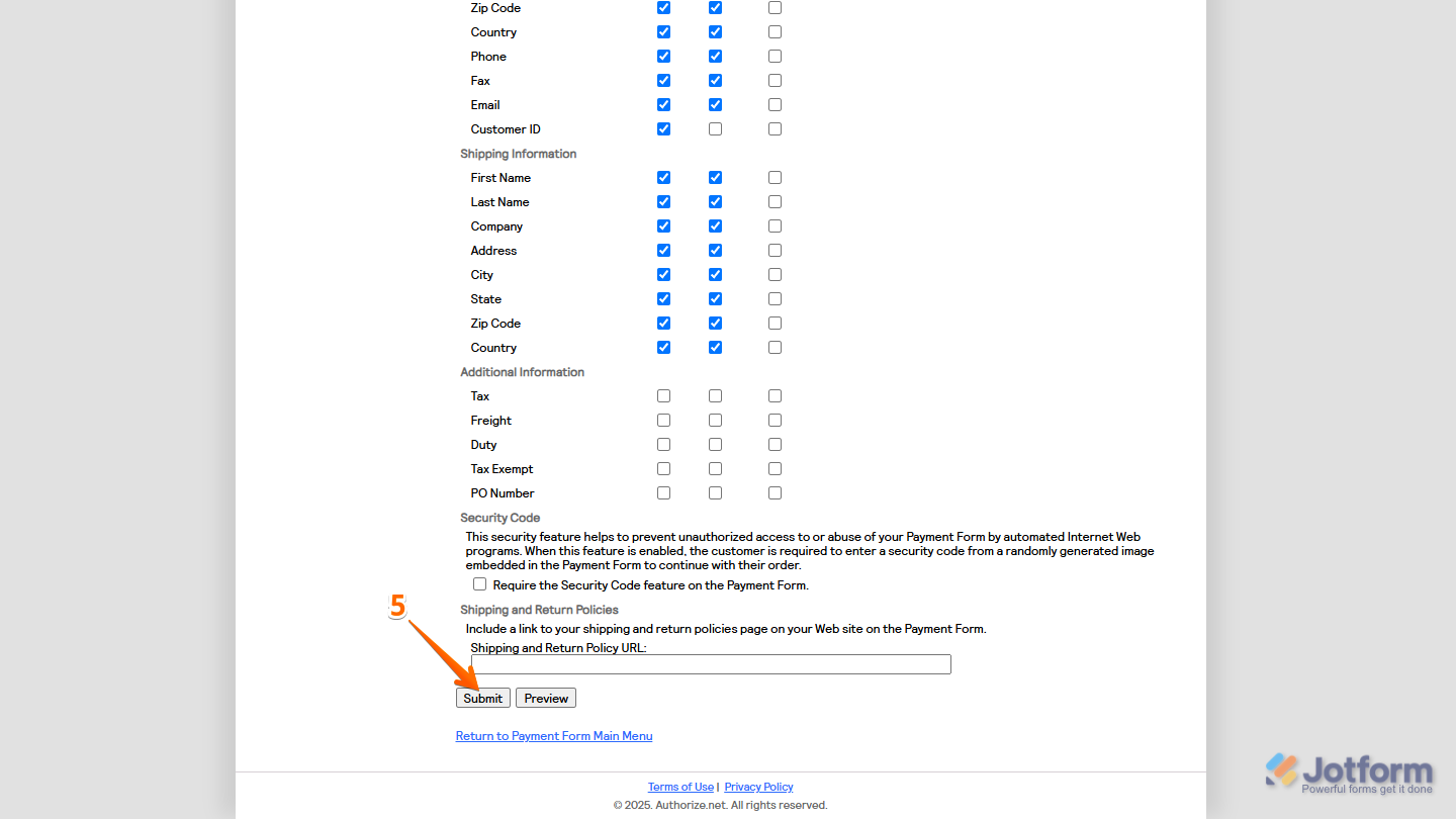 Submit button in the Payment Form - Fields section table of the Authorize