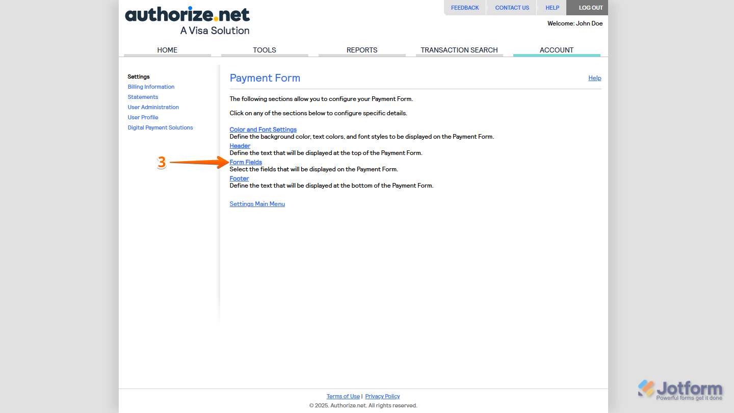 Form Fields link in the Payment Form section of the Authorize
