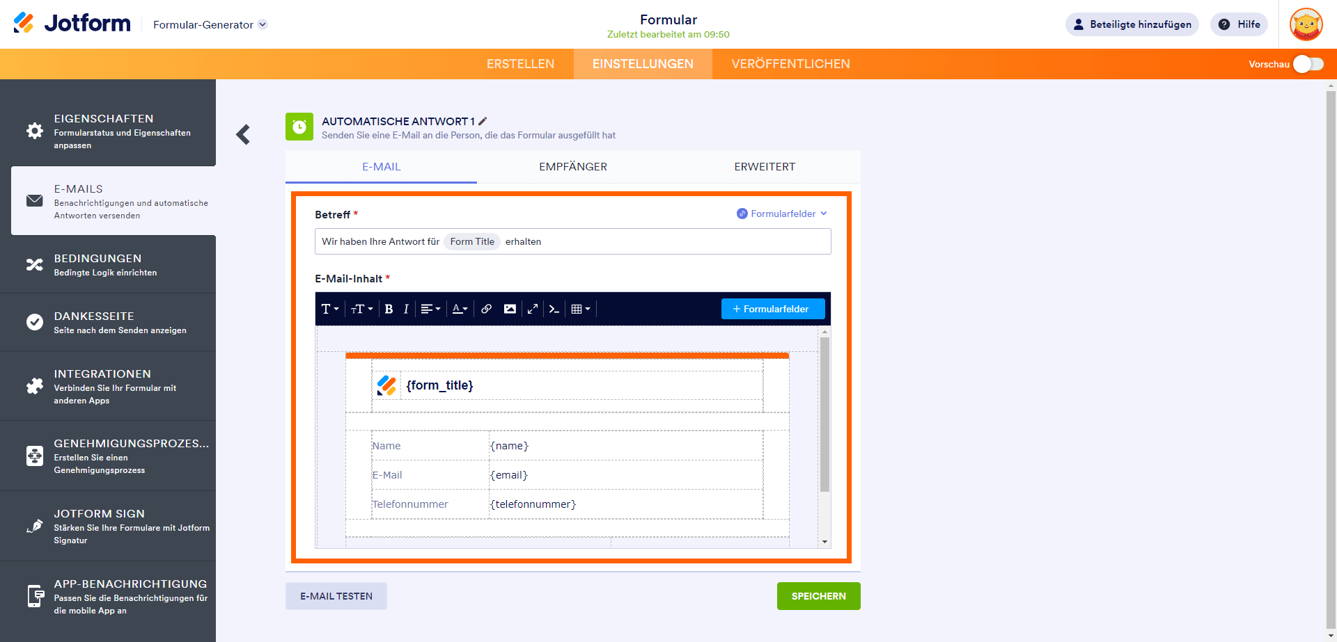 Der Automatische Antwort-E-Mail-Editor im Jotform Formular-Generator