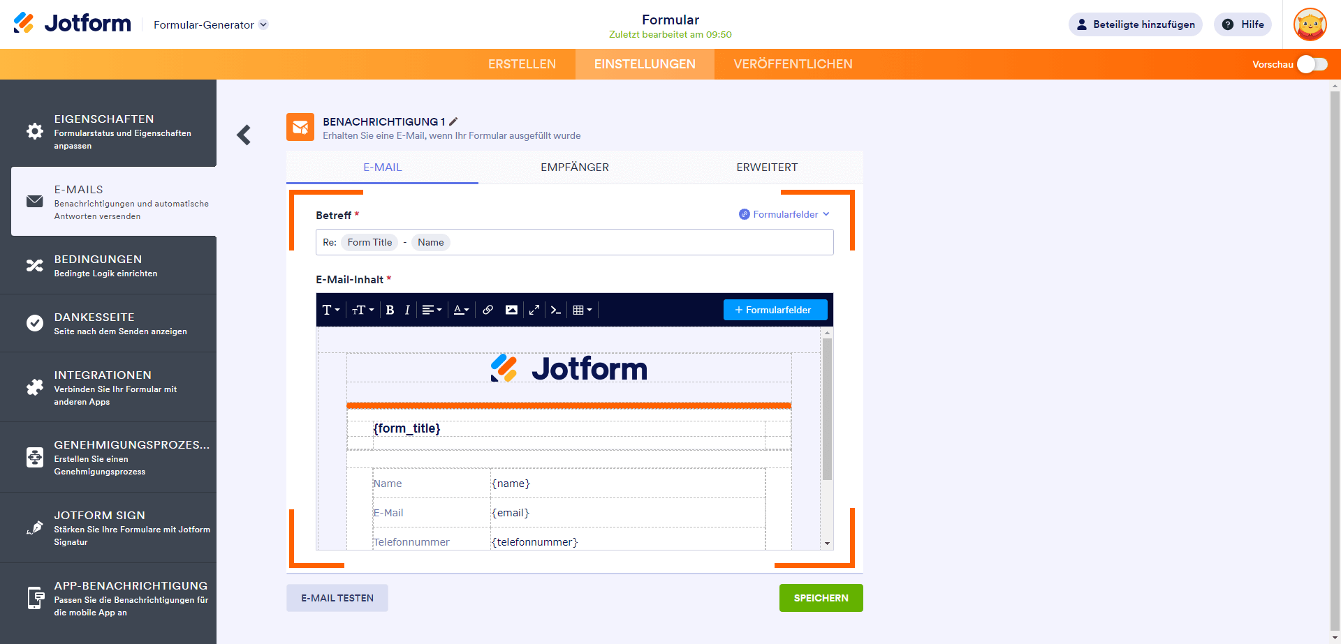 Der Editor für E-Mail-Vorlagen im Jotform Formular-Generator