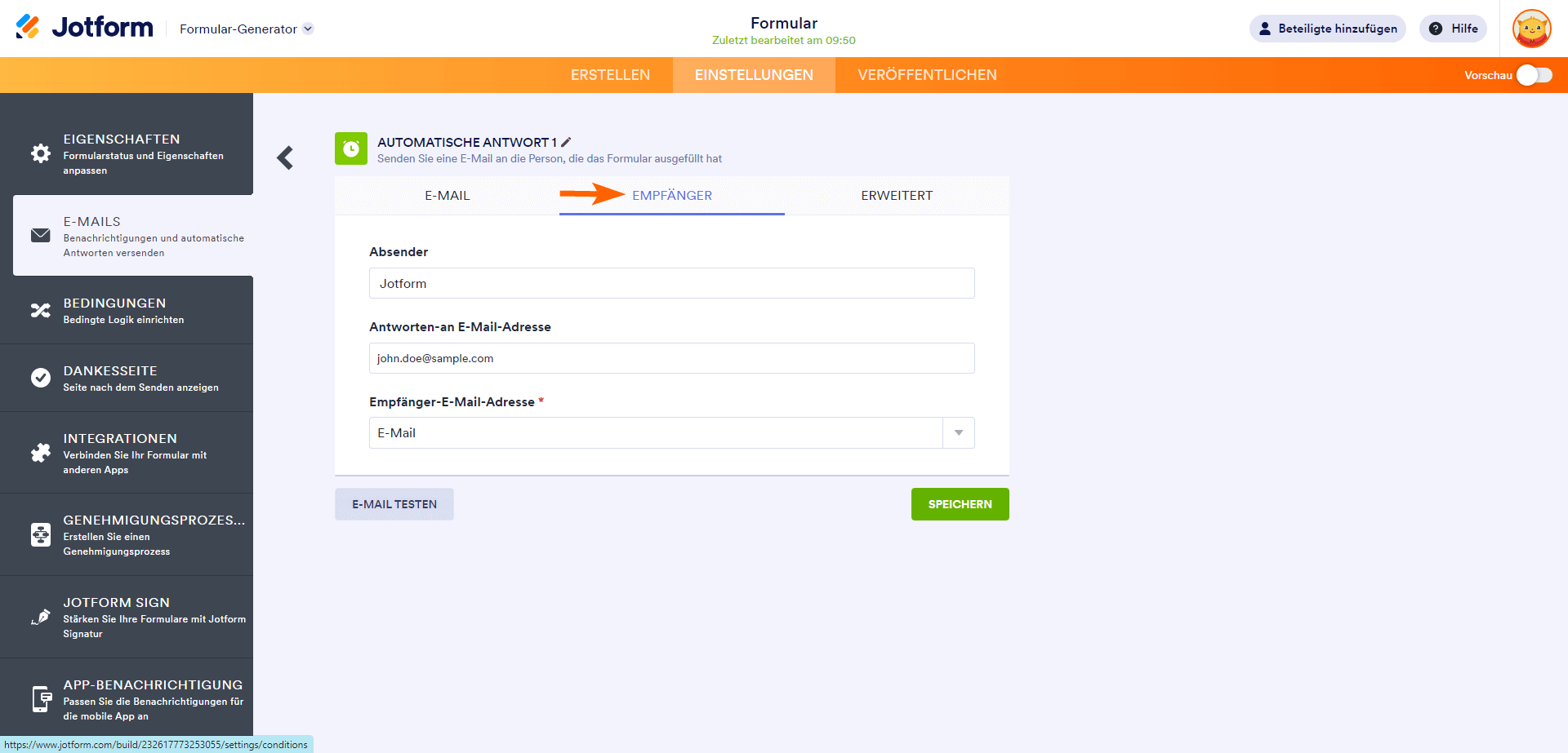 Die Registerkarte Empfänger im Formular-Generator von Jotform Automatische Antworten