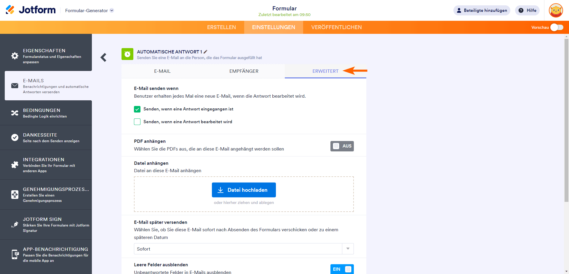 Die Registerkarte Erweitert des Automatischen Antworts im Formular-Generator von Jotform